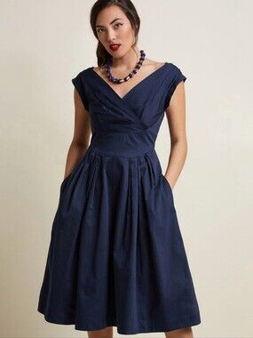 Emily & Fin Florence swing dress dark navy blue retro pinup midi women's XS NWT